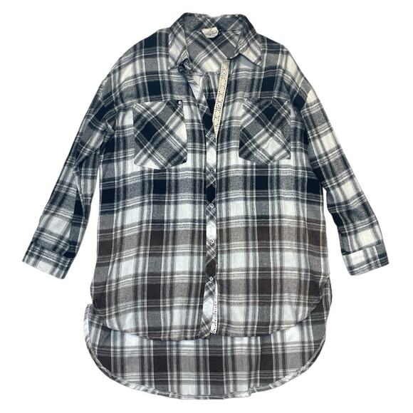 Plaid Button Down Shirt Tunic Distressed Crochet Lace brown black Size Small - Picture 5 of 8